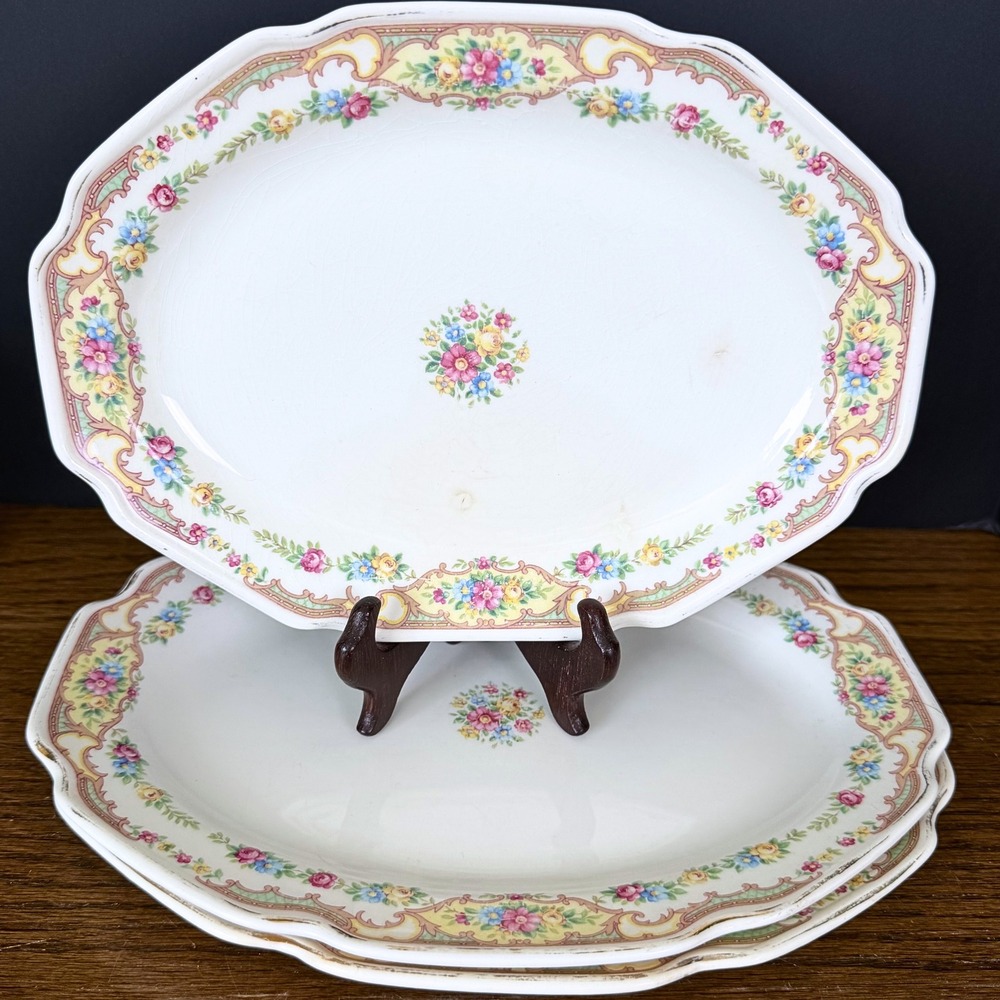 1930s Mount Clemens Mildred Serving Platter Set Vintage Floral Scalloped Cottage